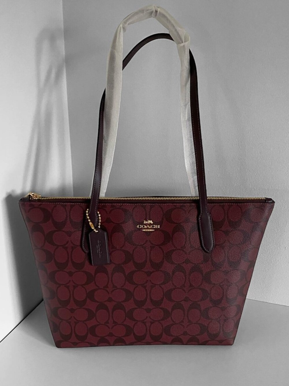 Coach Signature Zip Top Tote Bag Oxblood Burgundy Coated Canvas NWT 4455